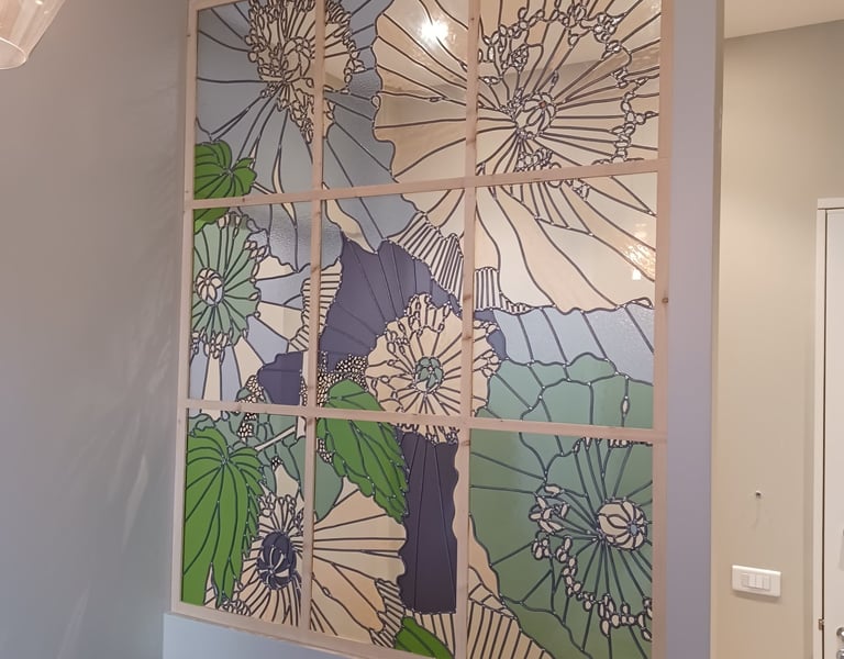Verrière sur mesure vitrail plomb — motifs floraux,  séparation de pièce Paris