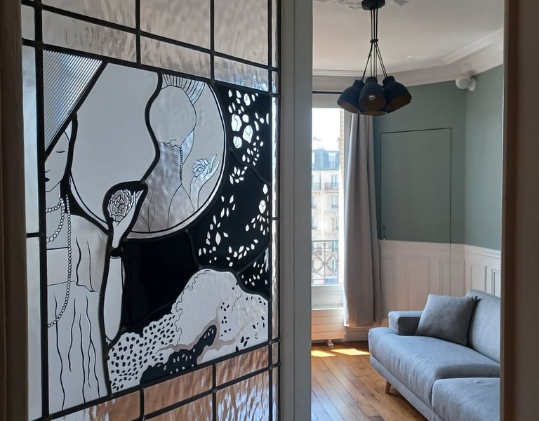 Porte vitrail sur mesure plomb — panneau figuratif  contemporain Paris