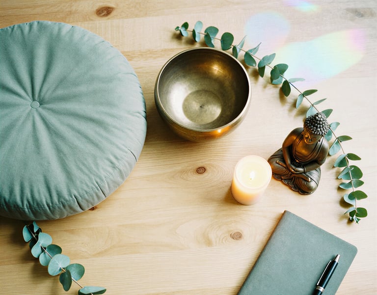 Meditation supplies flatlay with singing bowl crystals herbs natural healing mindfulness