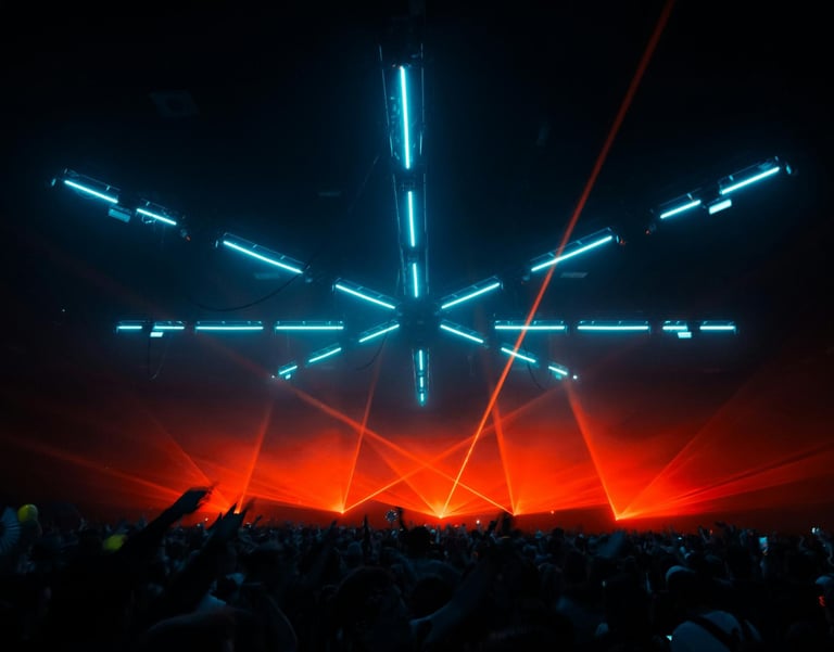 Futuristic neon lights and red lasers over concert crowd.