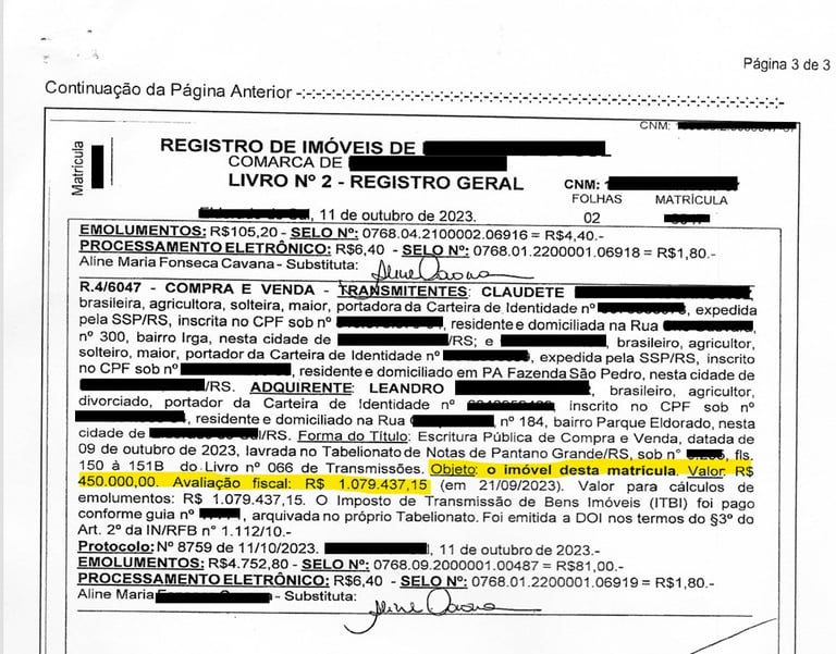 Uma certidão de matrícula do Registro de imoveis