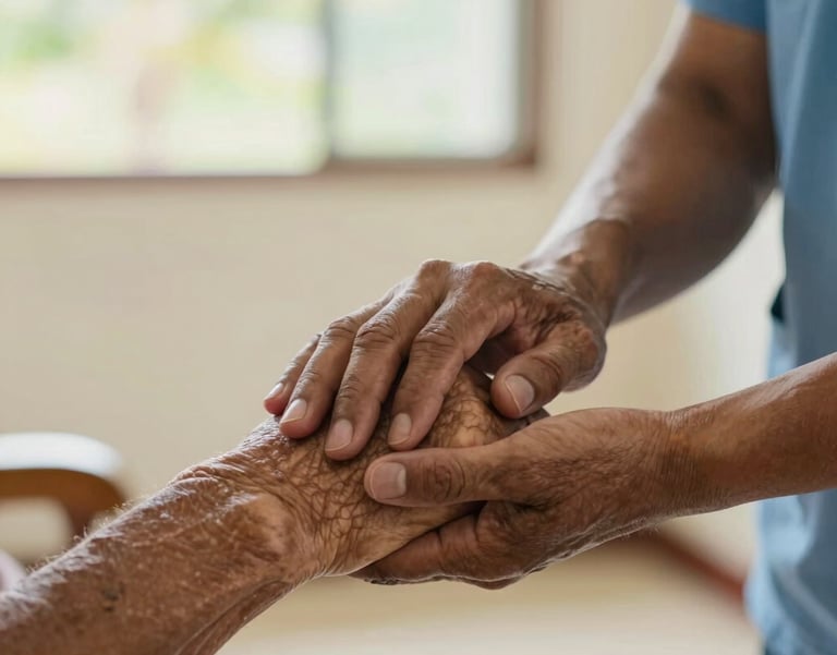 A close-up photograph of a caregiver's hand gently holding the hand of an elderly resident in a bright, sunlit room in Mauritius, conveying warmth, trust, and compassion. The lighting is soft and natural, with light green and beige tones in the background.