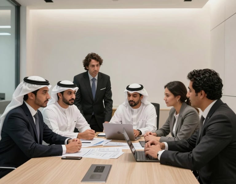 A professional and modern office interior in Riyadh with clean lines, featuring Middle Eastern business professionals discussing a project over a large sand-colored table, soft lighting, professional photography.