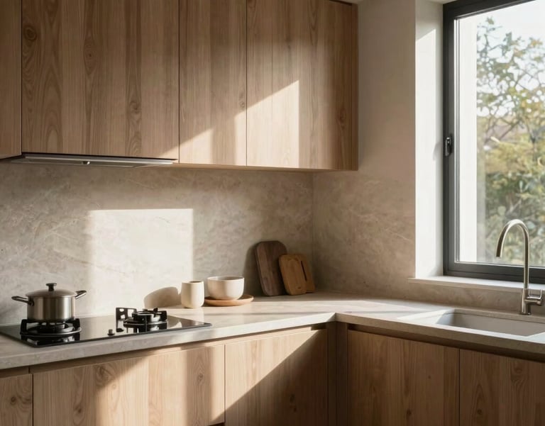 A serene interior scene of a modern French kitchen with natural sunlight streaming through a window, highlighting soft wood textures and stone surfaces.