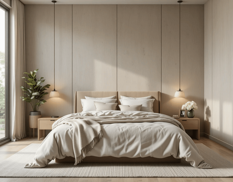 Dormitorio moderno con pared de microcemento suave, textiles neutros y ambiente acogedor.