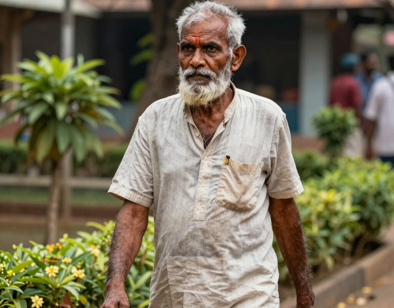 A candid shot of an elderly man with a white beard and calm presence, wearing simple linen clothes, walking in a Viluppuram temple garden, South Asian / Tamil Nadu, India.