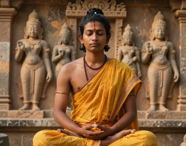 A spiritual seeker sitting in padmasana pose in front of an ancient South Indian stone relief. Warm golden light illuminating the scene.