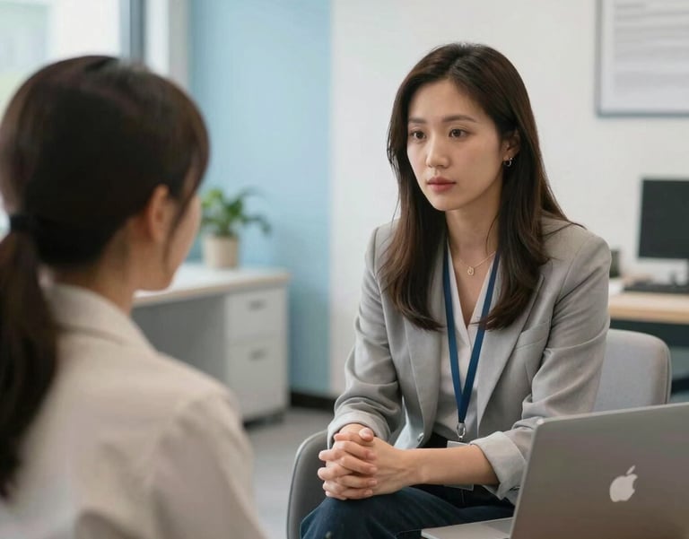 A professional career counseling session in progress, bright and clean office with pale blue accents, North American / US setting, focused on supportive dialogue.
