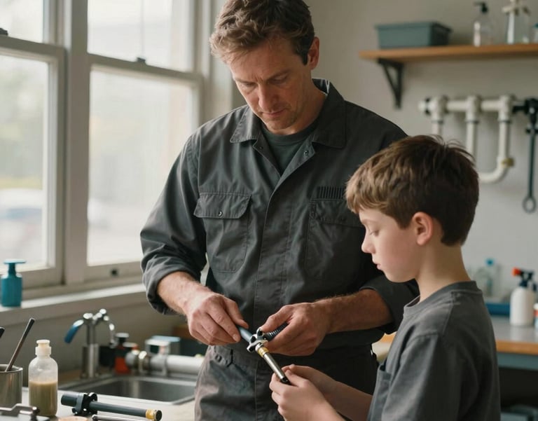 A master tradesperson in a dark slate uniform mentoring a young apprentice in a well-organized plumbing workshop. Soft afternoon light filtering through windows. North American / US.
