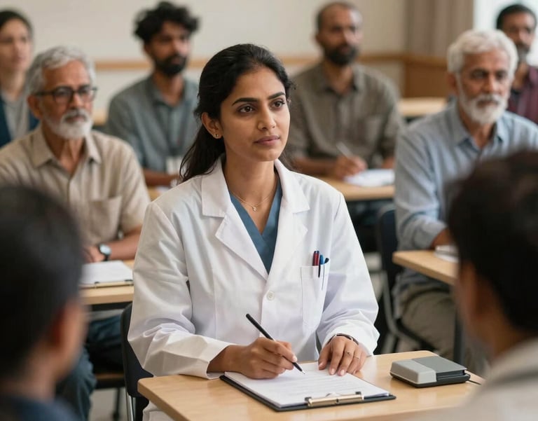 A professional South Asian mental health practitioner leading a training seminar for a diverse group, warm indoor lighting, focused and compassionate expressions.