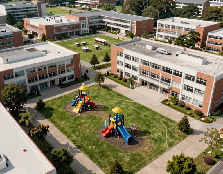 An aerial view of a school campus with green playgrounds and modern classrooms in an International / Diverse Community, bright and hopeful daylight.