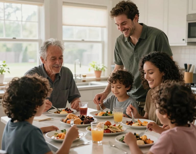 A documentary-style photo of a North American family in a sunlit kitchen, smiling and sharing a meal, representing stability and well-being.