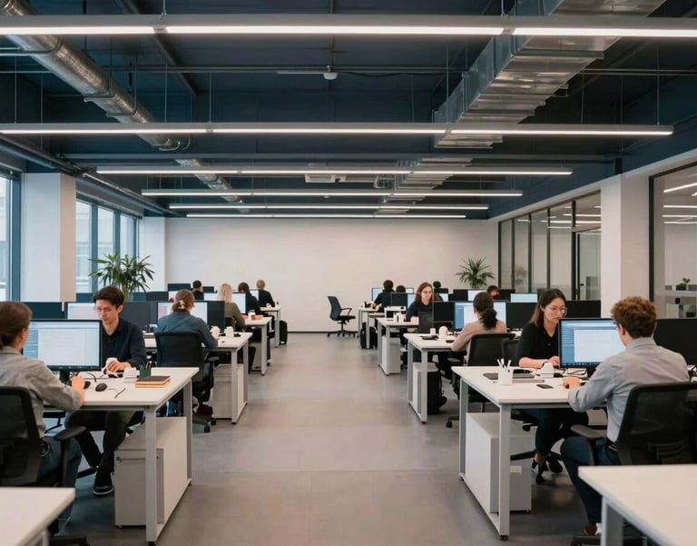 A wide-angle photograph of a modern, professional office space in Denmark, with employees working in a collaborative and calm environment, dominated by steel blue and soft white tones.