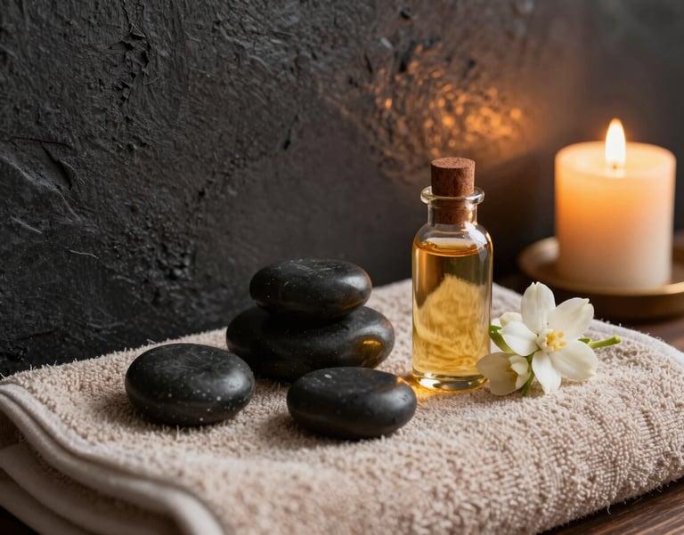 A close-up photograph of a professional South Asian spa setting. Warm gold candlelight reflects off dark charcoal textured walls. Smooth stones, fresh jasmine flowers, and a glass bottle of amber aroma oil sit on a light beige towel.