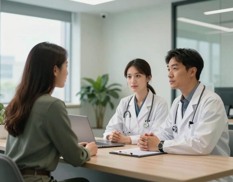 A collaborative meeting between a doctor and a lifestyle coach in a modern, light-filled North American medical office with green accents.
