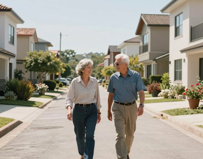 A wide, bright photograph of two active seniors in casual North American / US attire walking down a clean, sunlit village street lined with beautiful modern villas.
