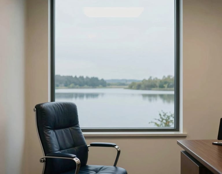 A serene North American office interior with a large window overlooking a calm landscape, ivory walls, and a navy leather chair.