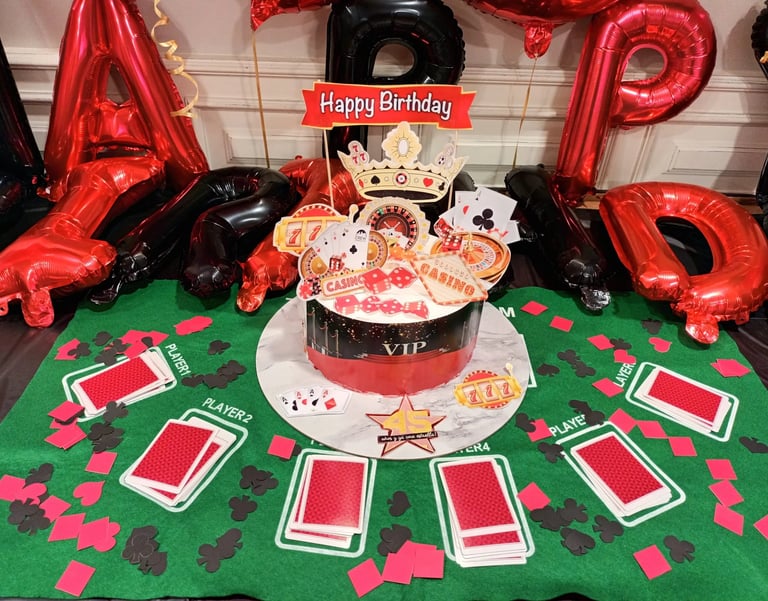 Decoración de mesa y pastel con temática de casino para un 45 cumpleaños