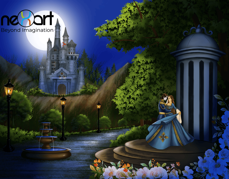 Fantasy illustration of MMC and FMC dancing in a beautiful garden with a castle in the background.