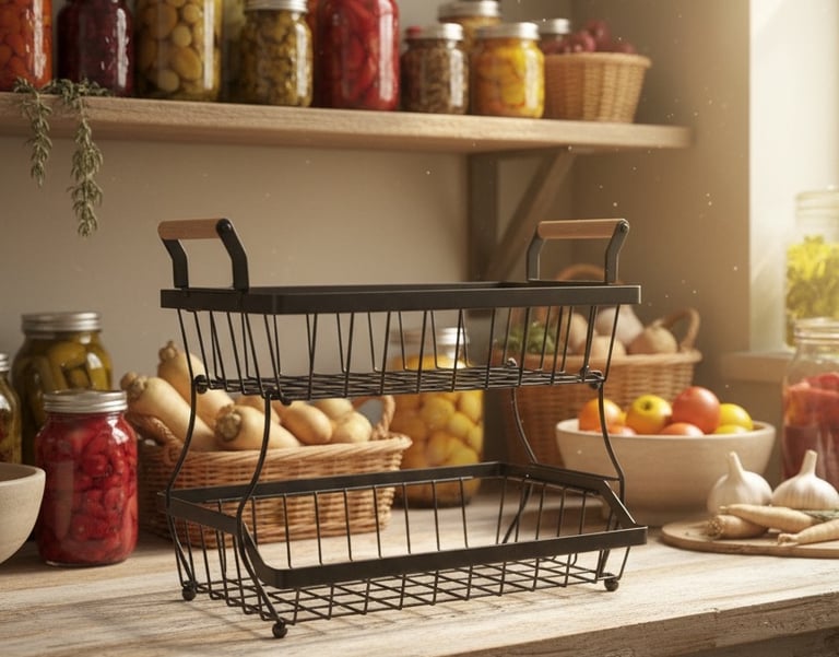 Two-tier black metal fruit basket with wooden handle, filled with bananas and fresh fruit on a kitch