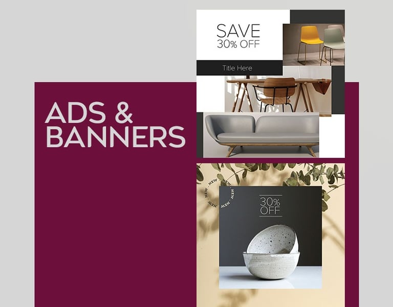 Ads and banners case study showing two templates with eye-catching designs for digital marketing.