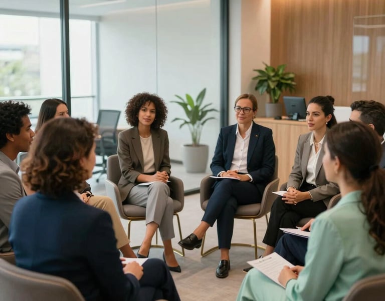 A close up high-quality photo of a modern corporate meeting room in Brazil. A diverse team of employees sits in comfortable chairs in a circle, conversing warmheartedly with a professional mental health counselor, warm ambient natural light coming from a large glass window, clean corporate layout, minimalist design with plants visible in the background, dark blue and mint green tones.