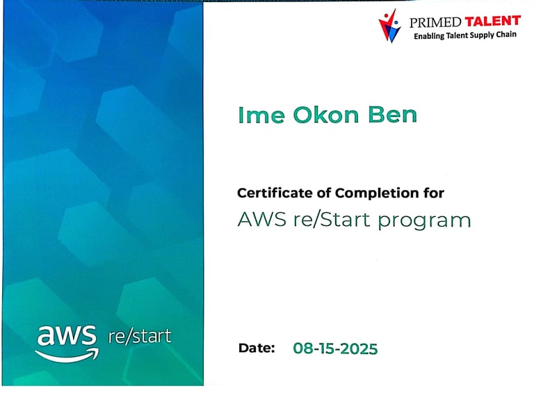 AWS re/Start Certificate showcasing renewed cloud skills, bridging 8 years’ experience.