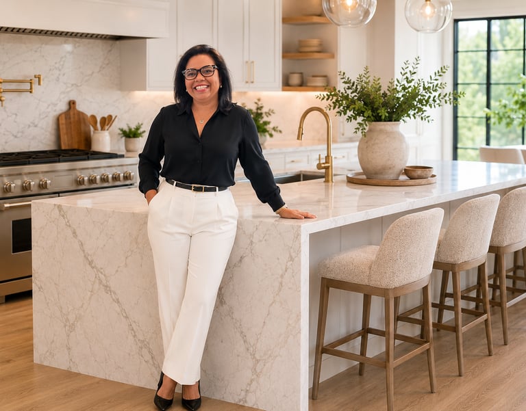 Karleen Asencio smiling in a modern luxury kitchen with marble countertops and gold fixtures.