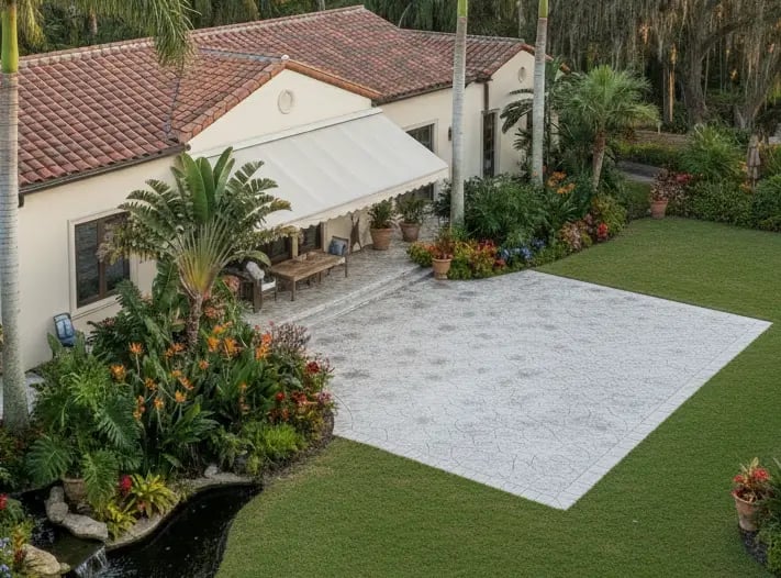 Stamped Concrete patio with tropical landscaping in Coral Gables home outdoor space