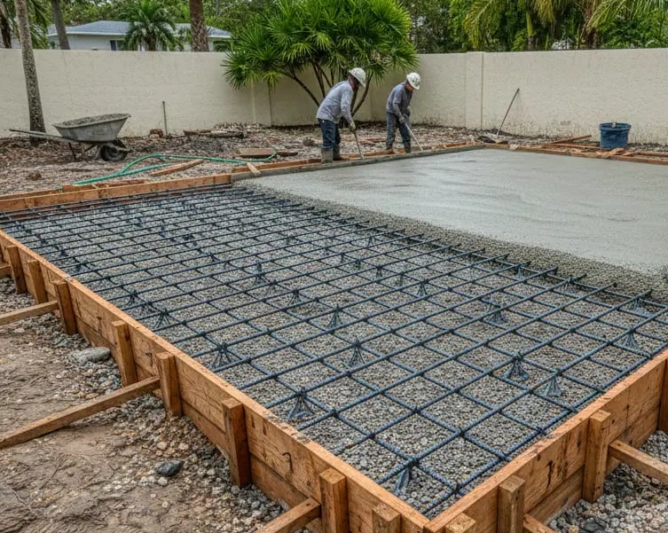 Reinforced concrete pad pour in Coral Gables with rebar grid and gravel base