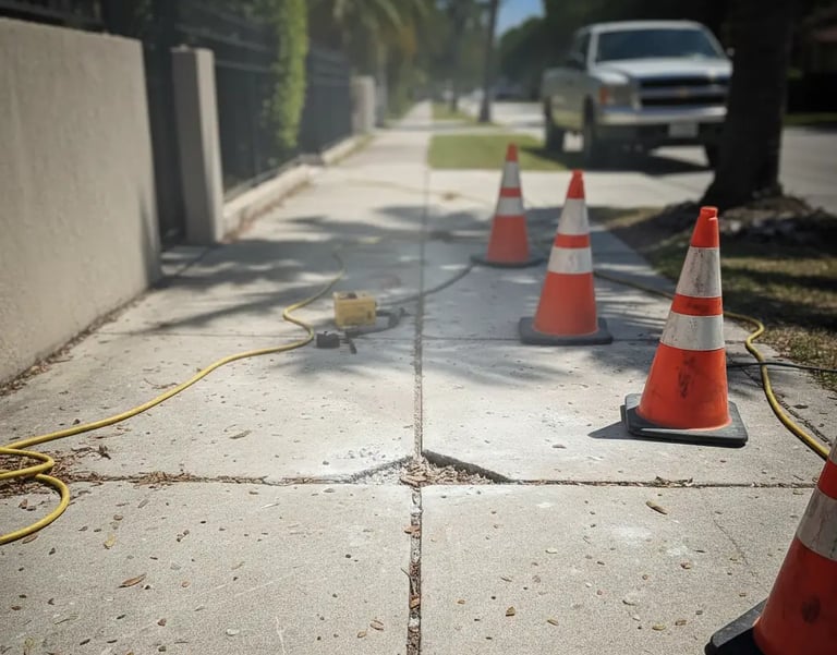 Sidewalk trip-hazard repair in progress on a weathered Coral Gables walkway with cones and grinding equipment.