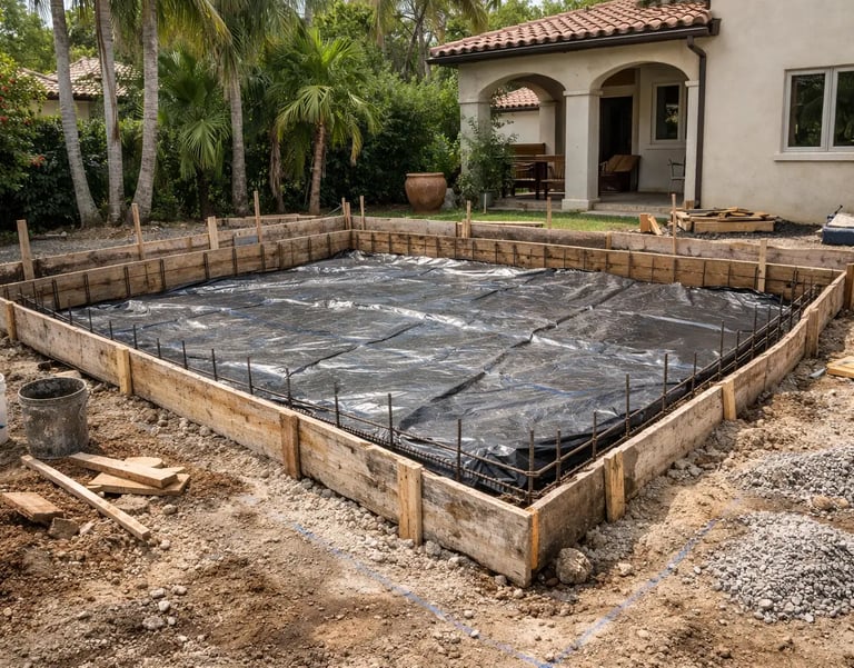 Coral Gables slab foundation prep for a home addition with excavated base, rebar, and worn formwork.