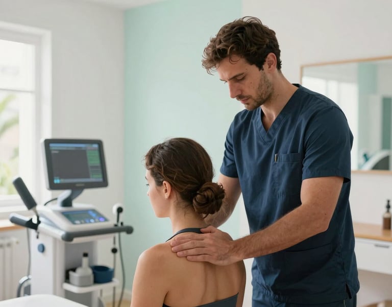 A professional physiotherapy session in a bright, modern clinic in Mallorca. A Southern European / Spanish therapist is performing manual therapy on a patient's shoulder. High-end medical equipment, clean aesthetic with white and light mint walls, calm atmosphere, natural Mediterranean light.