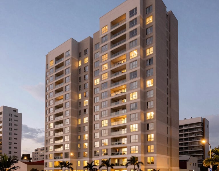 A wide landscape shot of a modern residential condominium building in Brazil at dusk, with warm lights and clean architectural lines, representing the property being protected.