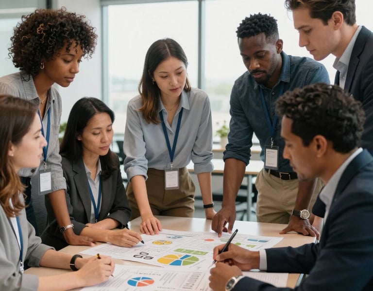 A diverse group of staff members gathered around a table in a bright, modern Michigan office, looking at community plans. Professional and collaborative.