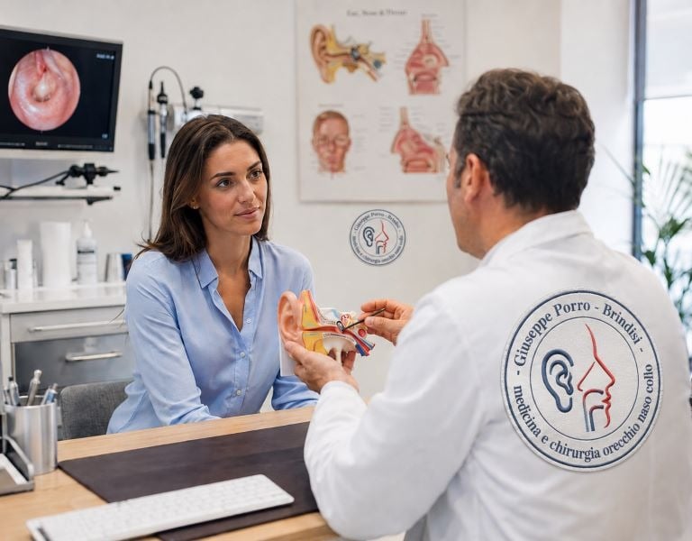 otorino Porro utilizza modello anatomico dell'orecchio per spiegare ad una paziente funzione udito