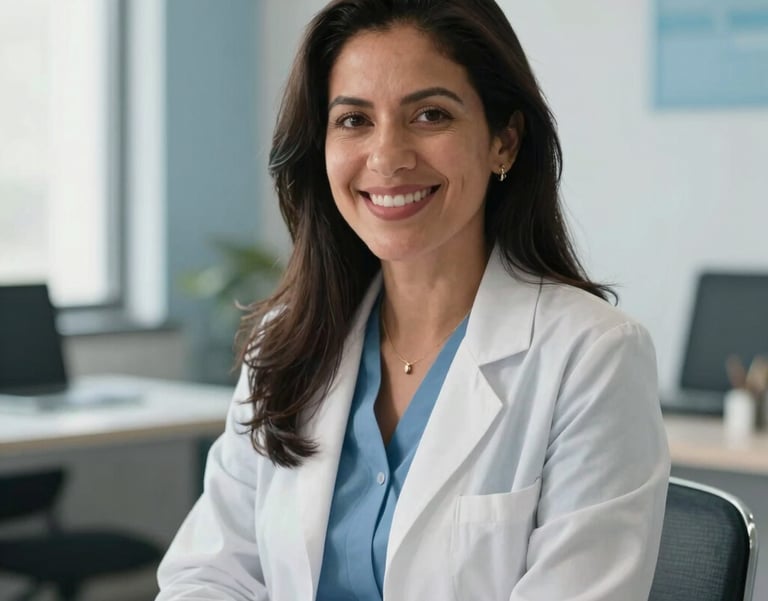A professional and warm portrait of a Hispanic female psychologist in her late 30s, smiling empathetically. She is sitting in a bright, modern office with soft steel blue and light blue accents. Natural lighting fills the room.