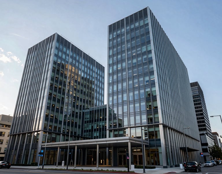 A wide architectural shot of a modern philanthropic headquarters in a North American city, featuring sleek glass and steel construction under a clear sky.
