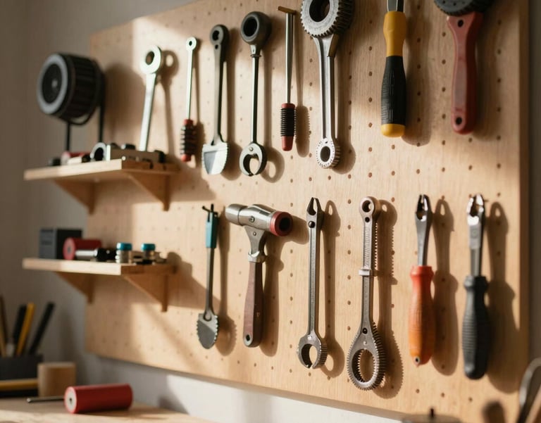 A sunlit North American workshop where tools are perfectly organized on a pegboard, creating an atmosphere of clarity and readiness.