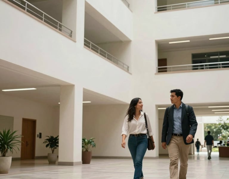 A wide angle shot of two South American educators walking through a modern university hall with off-white walls and sophisticated minimalist decor.