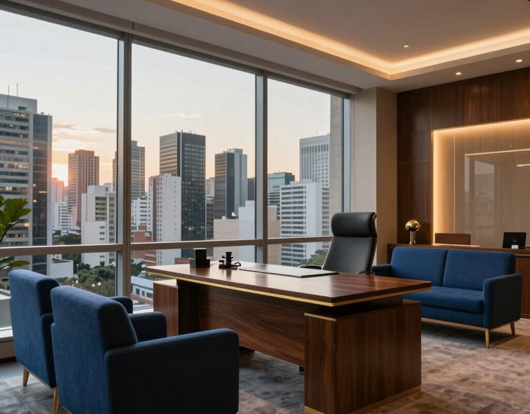 A professional wide shot of a modern law office in a major South American city. Large windows show a Brazilian urban skyline at sunset. The interior features deep blue and slate blue furniture, a large polished wooden desk, and warm lighting that highlights gold accents. The atmosphere is sophisticated and professional.