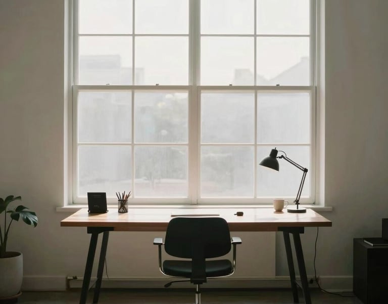A photograph of a minimalist home office in North America, featuring a large window with soft sunlight, a simple desk, and no tech clutter, emphasizing safety and peace.