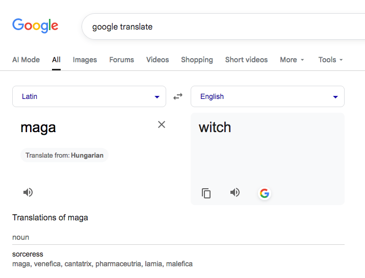 Google Translate MAGA from Latin to English is WITCH