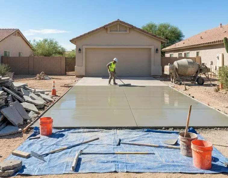  professional  concrete crew replacing a damaged driveway section at a Buckeye, Arizona home