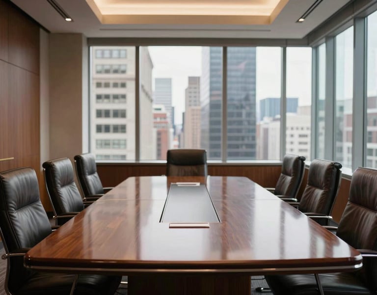 Interior of a prestigious North American boardroom with large windows overlooking a city, mahogany table, leather chairs, very professional and authoritative.