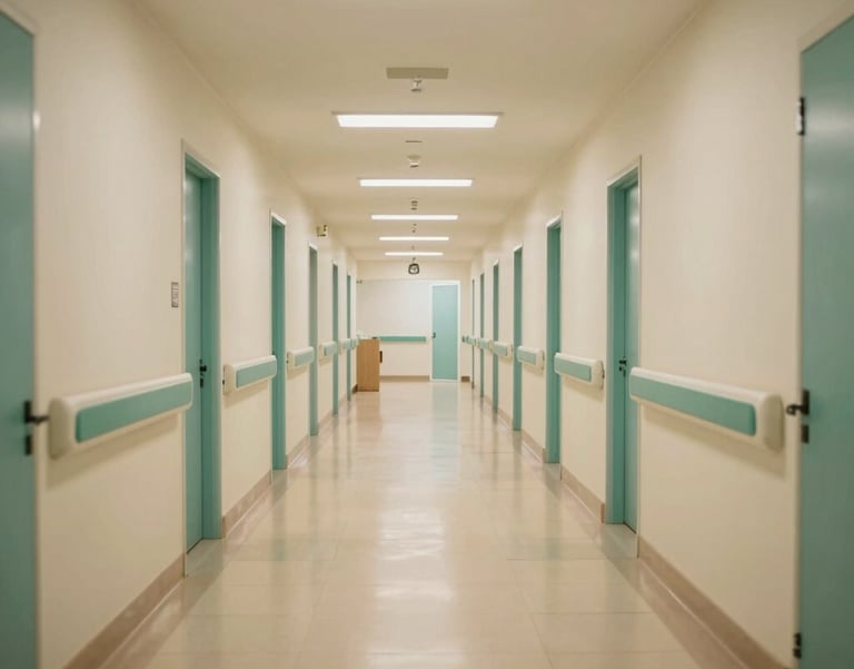 A wide-angle shot of a clean, bright hospital corridor in Brazil with warm lighting and decorative teal panels on the walls. The atmosphere is calm and inviting.