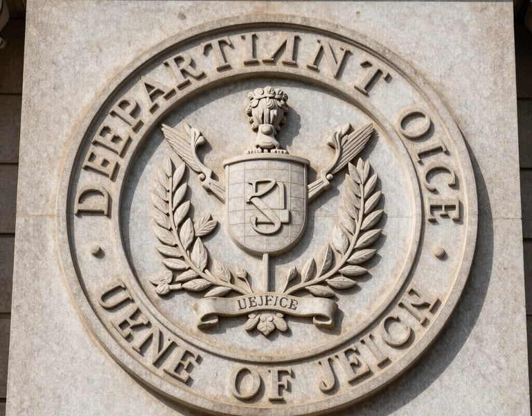 Detailed close-up of the official Department of Justice emblem carved into stone on a historic building facade, North American / US.