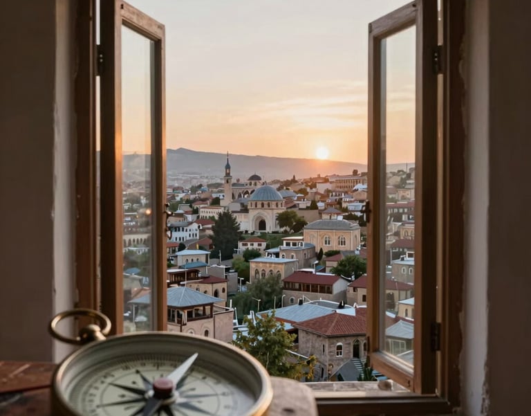 A high-quality photo of an open window looking out over a historic Anatolian city landscape at sunrise, symbolizing enlightenment, blurred foreground with an old math compass.
