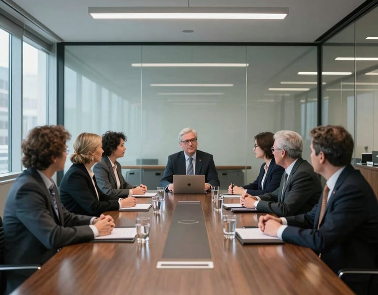 A wide-angle professional photograph of a board of directors meeting in a sleek glass-walled conference room in Indianapolis, Indiana, North American business style.