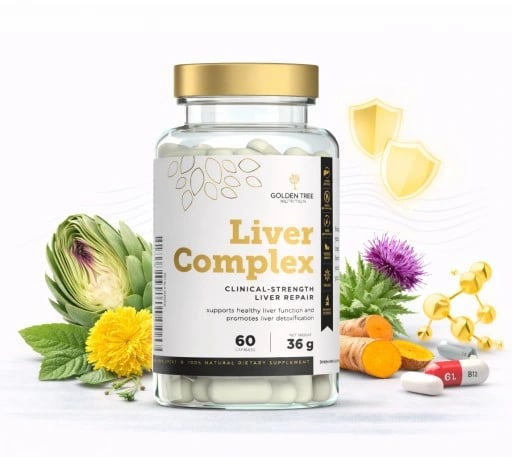 Bottle of Golden Tree Liver Complex capsules with natural ingredients.